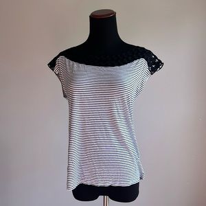 Ann Taylor Loft - Black and White Stripe T-Shirt with Black Cut Outs Around Neck